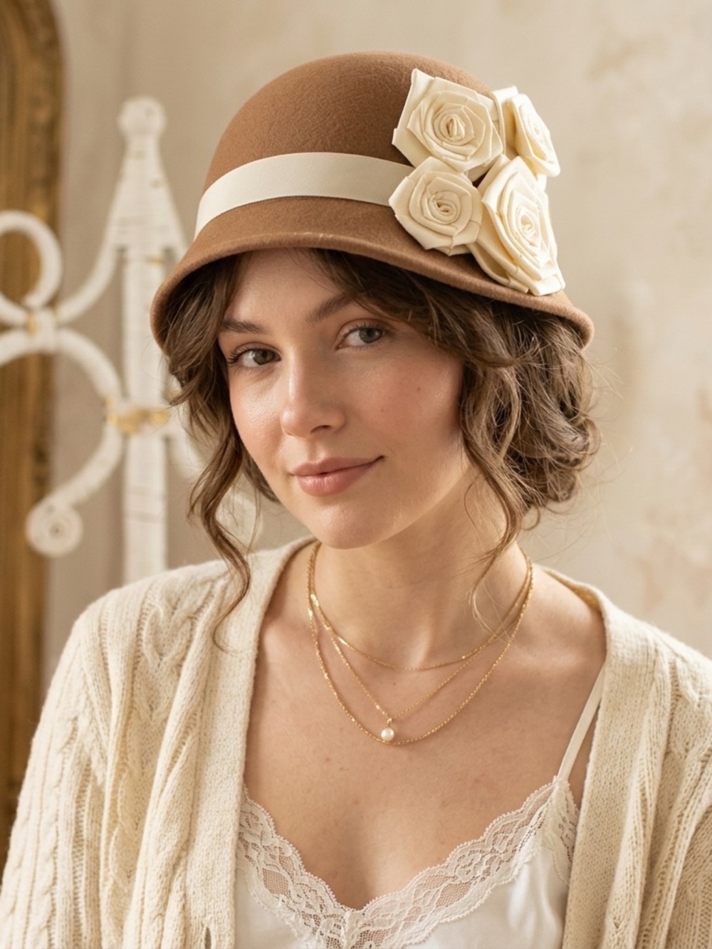 Vintage-inspired 20's Camel Cloche Bucket Hat Rosettes OS Coquette Annie Hall